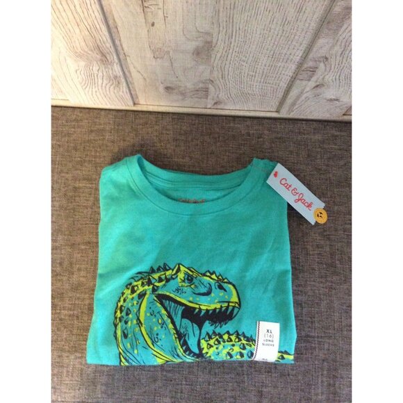 Cat & Jack Boys Shirts Size XL (16) Teal Green Dinosaur & Orange Long Sleeves - Picture 2 of 11